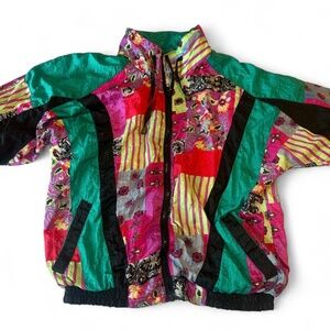 Vintage 80s Olympic Exposure Patterned Windbreaker Size 2 Petite XS-S Teal Black